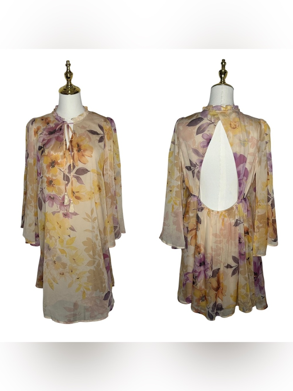 Vici Flowy Boho Chic Floral Open-Back Shift Dress Sheer Overlay Sz M Fairycore